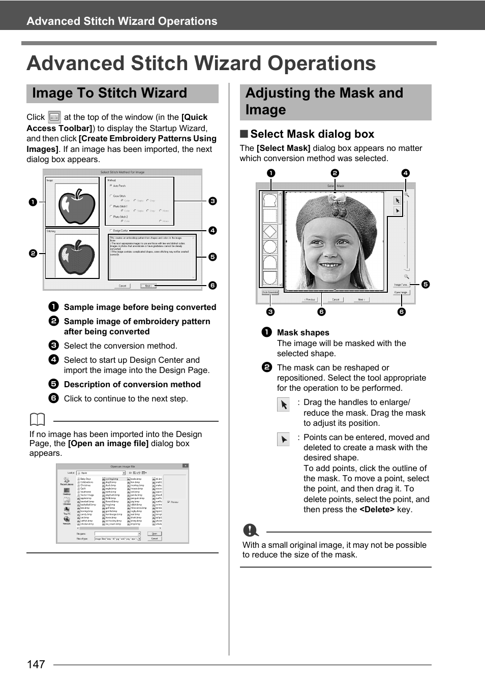 Advanced stitch wizard operations, Image to stitch wizard, Adjusting the mask and image | 147 advanced stitch wizard operations, Select mask dialog box | Baby Lock Palette 10 (ECS10) Instruction Manual User Manual | Page 148 / 356