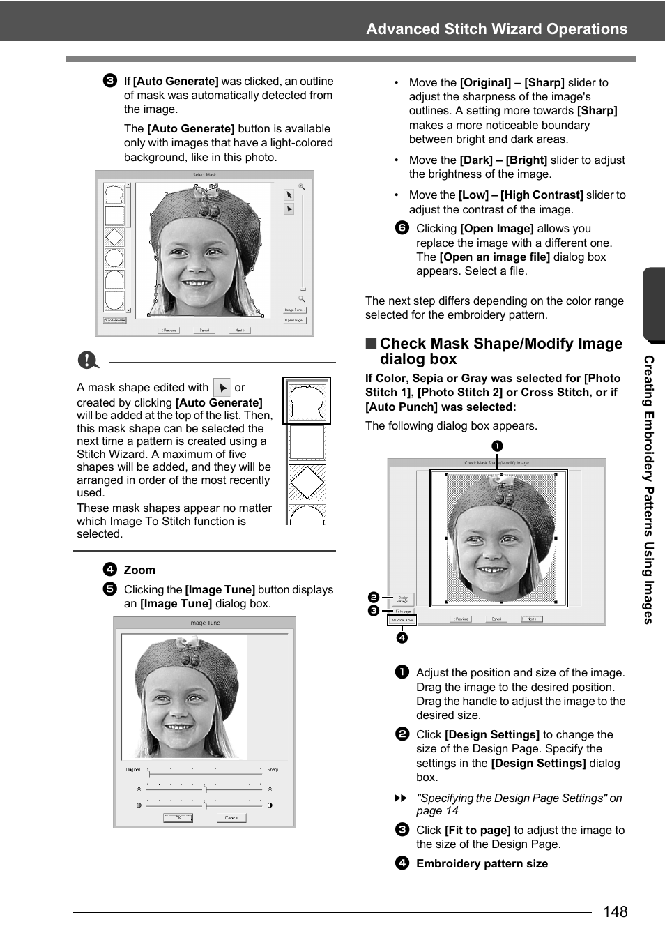 Advanced stitch wizard operations, Check mask shape/modify image dialog box | Baby Lock Palette 10 (ECS10) Instruction Manual User Manual | Page 149 / 356