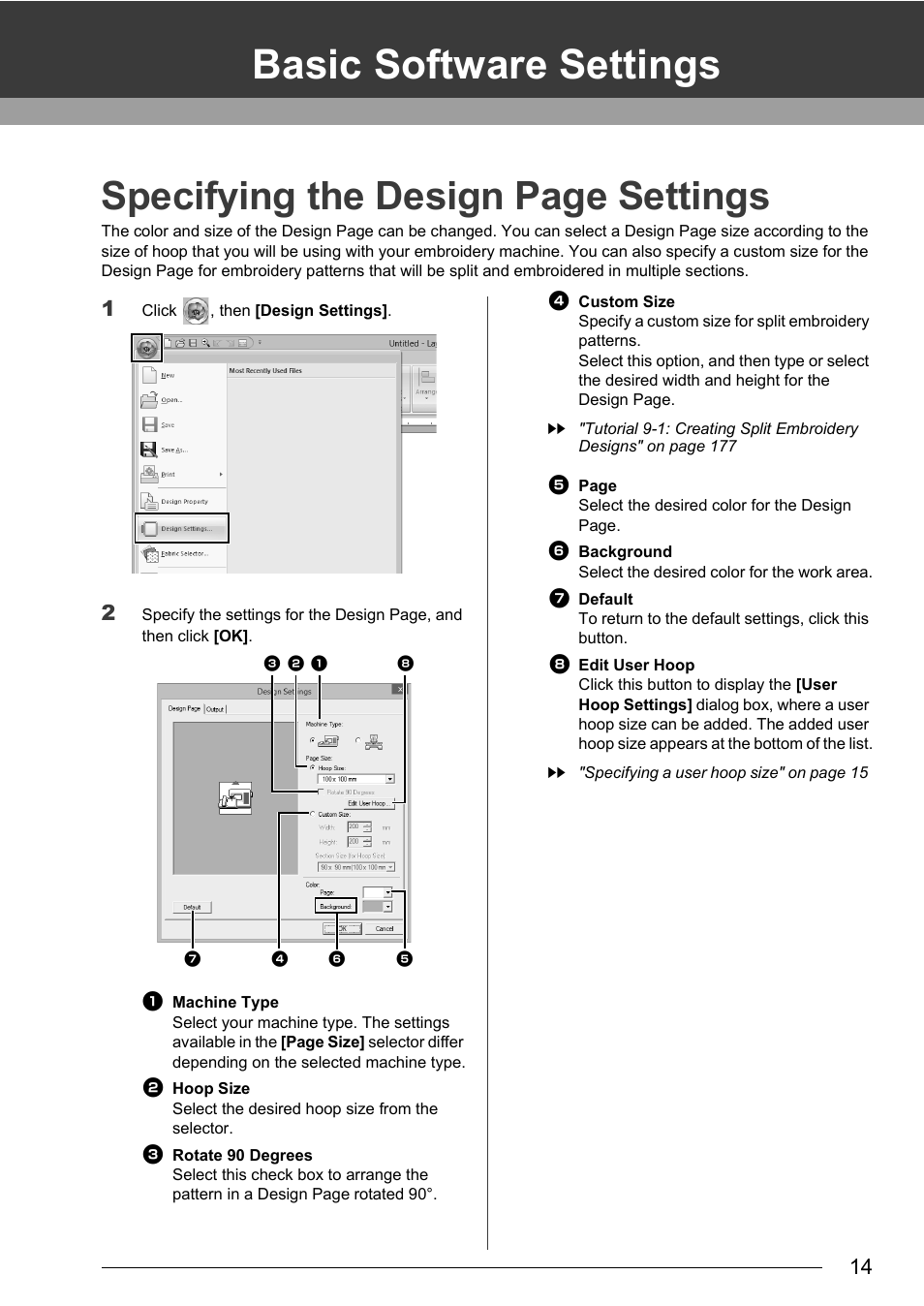 Basic software settings, Specifying the design page settings | Baby Lock Palette 10 (ECS10) Instruction Manual User Manual | Page 15 / 356