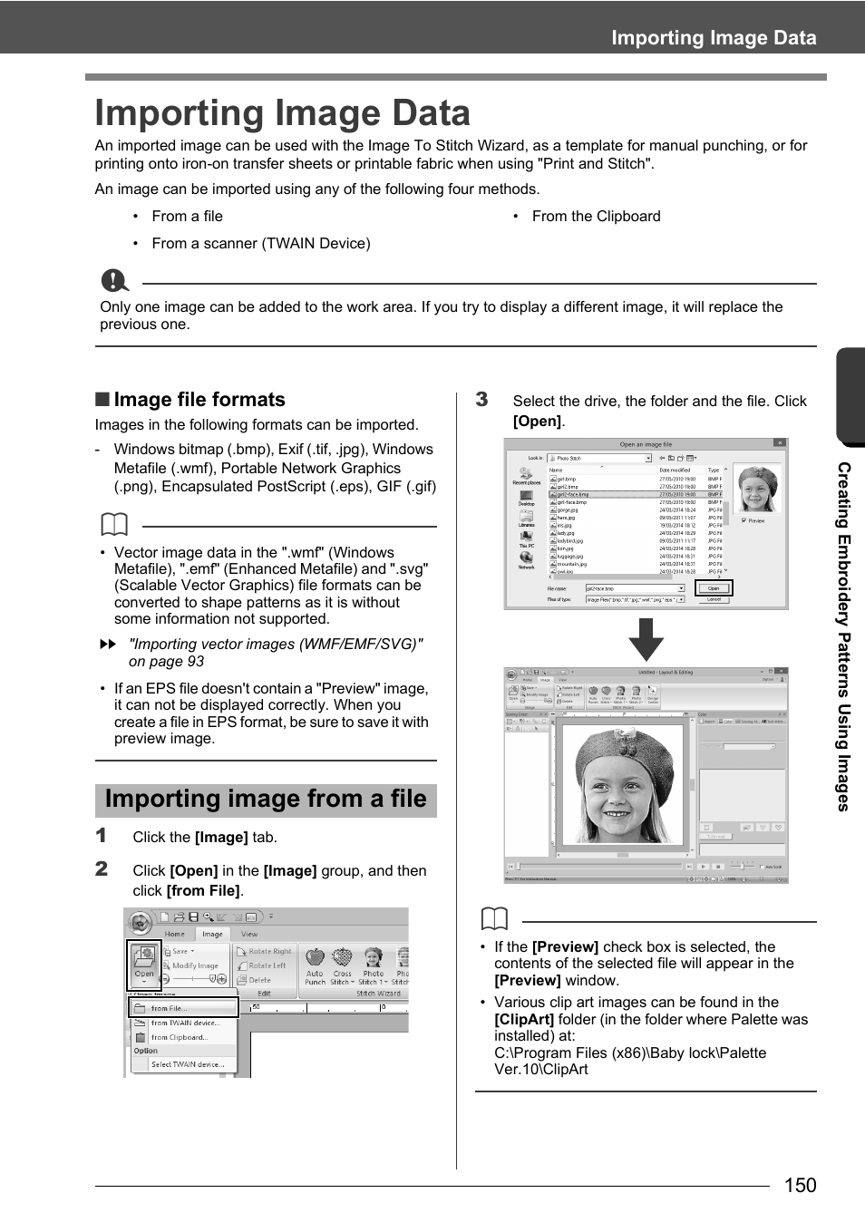 Importing image from a file, Importing image data, Image file formats | Baby Lock Palette 10 (ECS10) Instruction Manual User Manual | Page 151 / 356