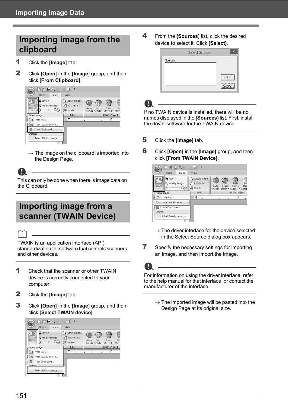 Importing image from the clipboard, Importing image from a scanner (twain device) | Baby Lock Palette 10 (ECS10) Instruction Manual User Manual | Page 152 / 356