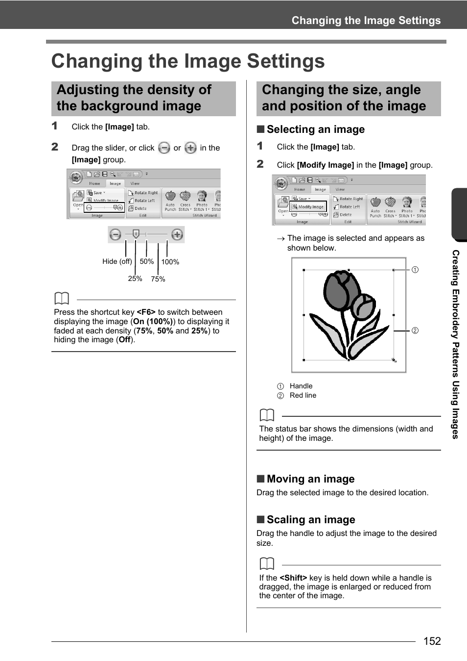 Changing the image settings, Adjusting the density of the background image, Changing the size, angle and position of the image | Baby Lock Palette 10 (ECS10) Instruction Manual User Manual | Page 153 / 356