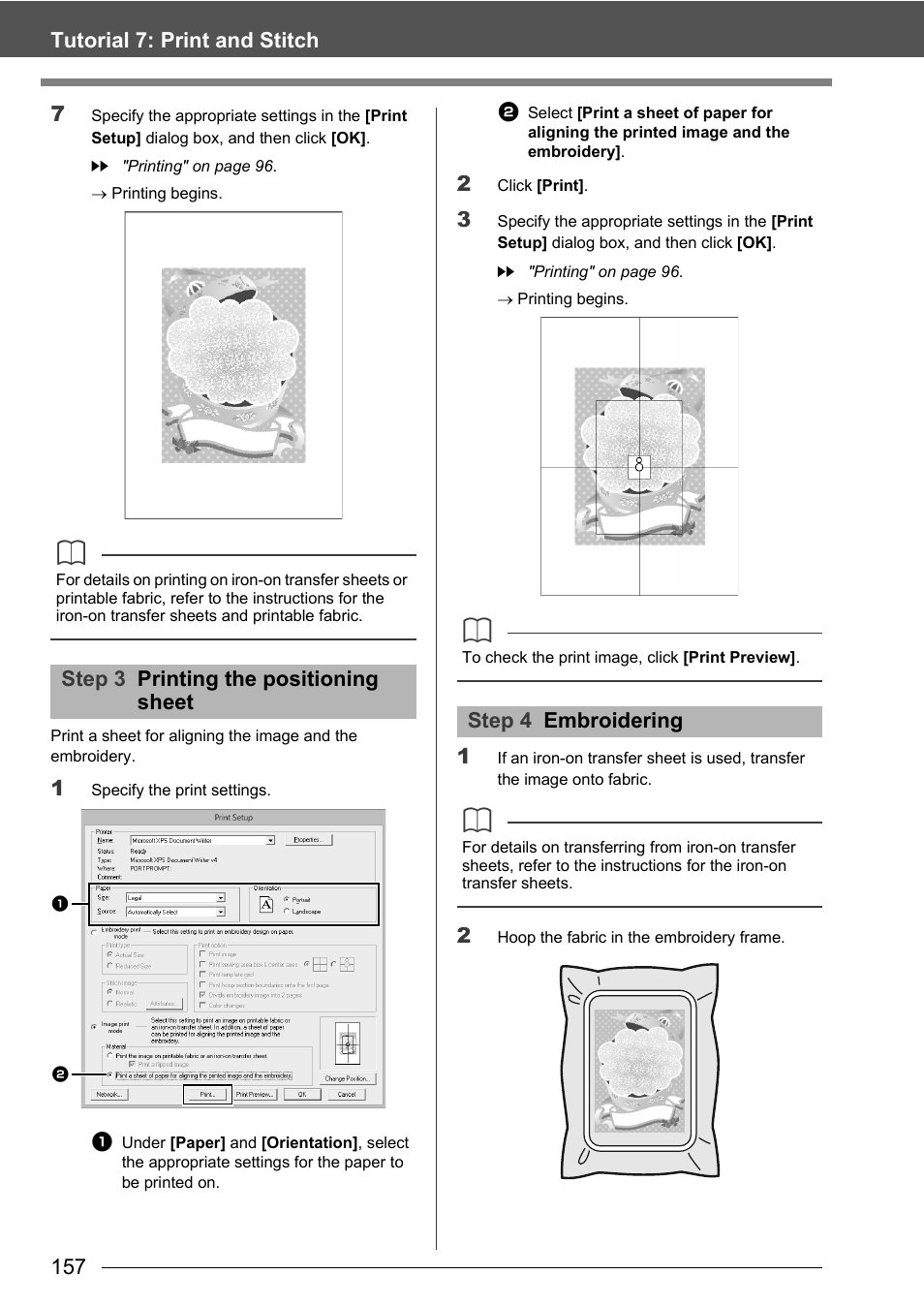 Step 3 printing the positioning sheet, Step 4 embroidering | Baby Lock Palette 10 (ECS10) Instruction Manual User Manual | Page 158 / 356