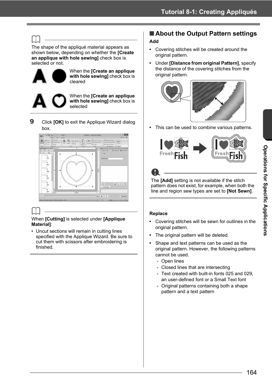 Tutorial 8-1: creating appliqués 9, About the output pattern settings | Baby Lock Palette 10 (ECS10) Instruction Manual User Manual | Page 165 / 356