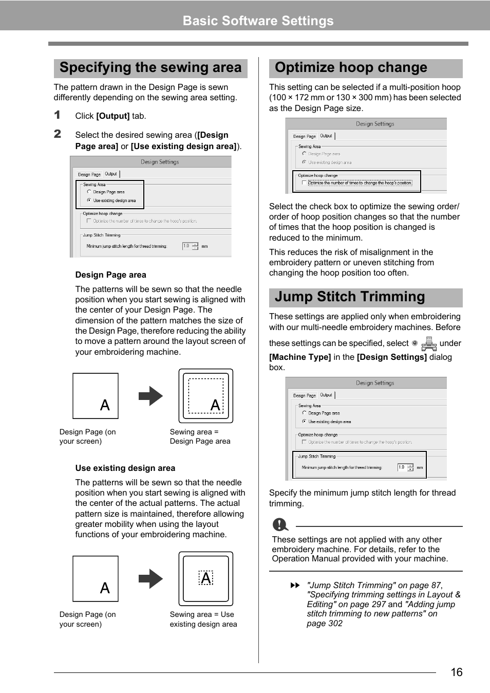 Specifying the sewing area, Optimize hoop change jump stitch trimming, Basic software settings | Baby Lock Palette 10 (ECS10) Instruction Manual User Manual | Page 17 / 356