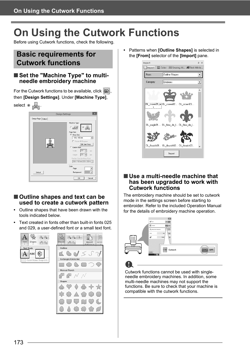 On using the cutwork functions, Basic requirements for cutwork functions | Baby Lock Palette 10 (ECS10) Instruction Manual User Manual | Page 174 / 356