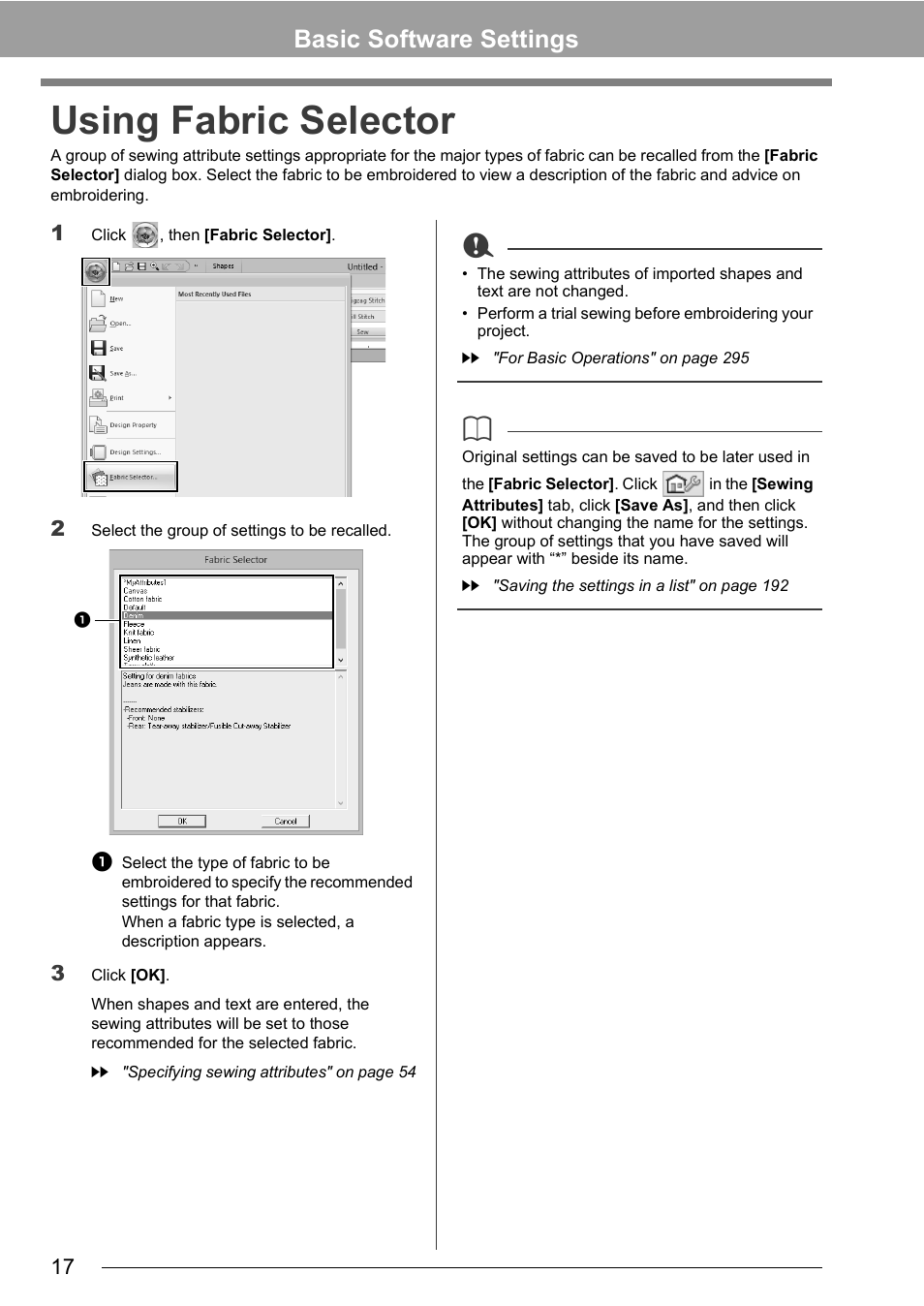 Using fabric selector, Basic software settings | Baby Lock Palette 10 (ECS10) Instruction Manual User Manual | Page 18 / 356