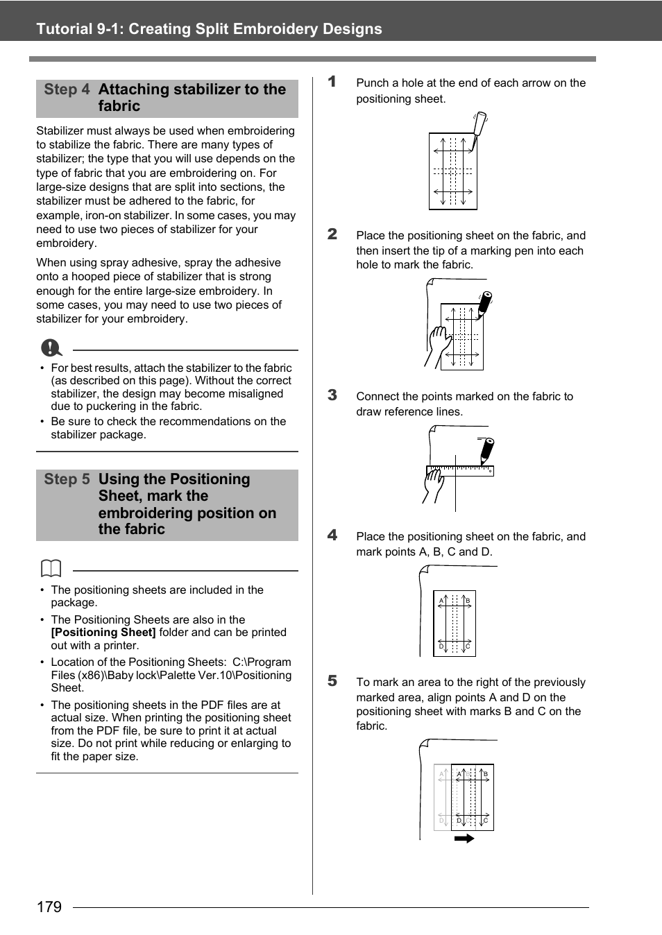 Step 4 attaching stabilizer to the fabric | Baby Lock Palette 10 (ECS10) Instruction Manual User Manual | Page 180 / 356