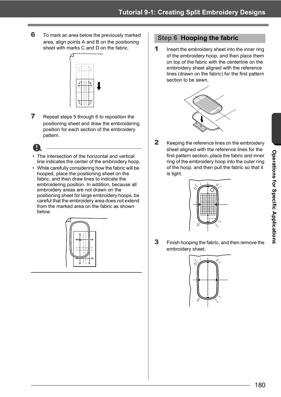 Tutorial 9-1: creating split embroidery designs 6, Step 6 hooping the fabric | Baby Lock Palette 10 (ECS10) Instruction Manual User Manual | Page 181 / 356