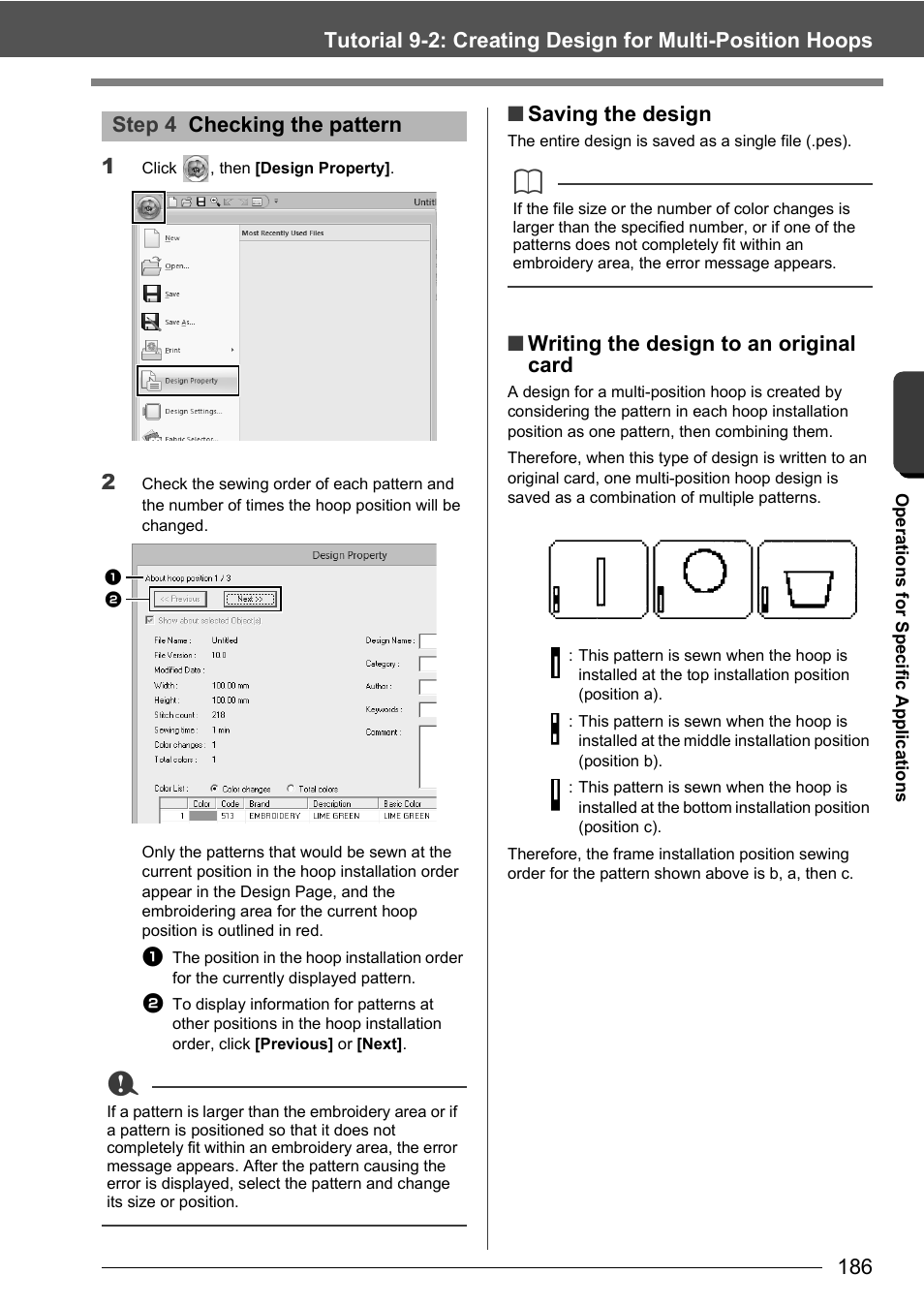 Saving the design, Writing the design to an original card, Step 4 checking the pattern | Baby Lock Palette 10 (ECS10) Instruction Manual User Manual | Page 187 / 356