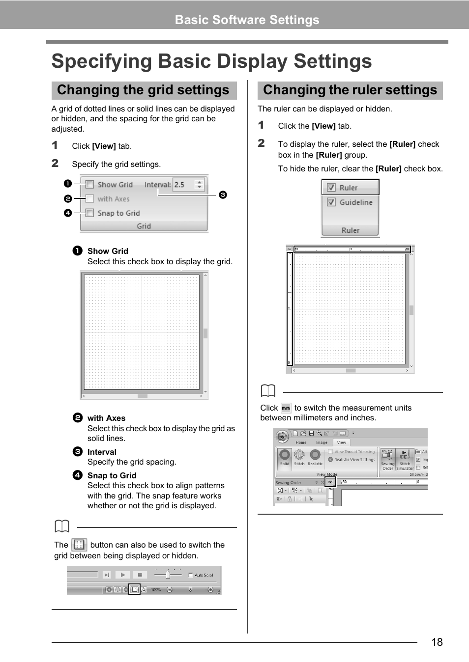 Specifying basic display settings, Changing the grid settings, Changing the ruler settings | Basic software settings | Baby Lock Palette 10 (ECS10) Instruction Manual User Manual | Page 19 / 356