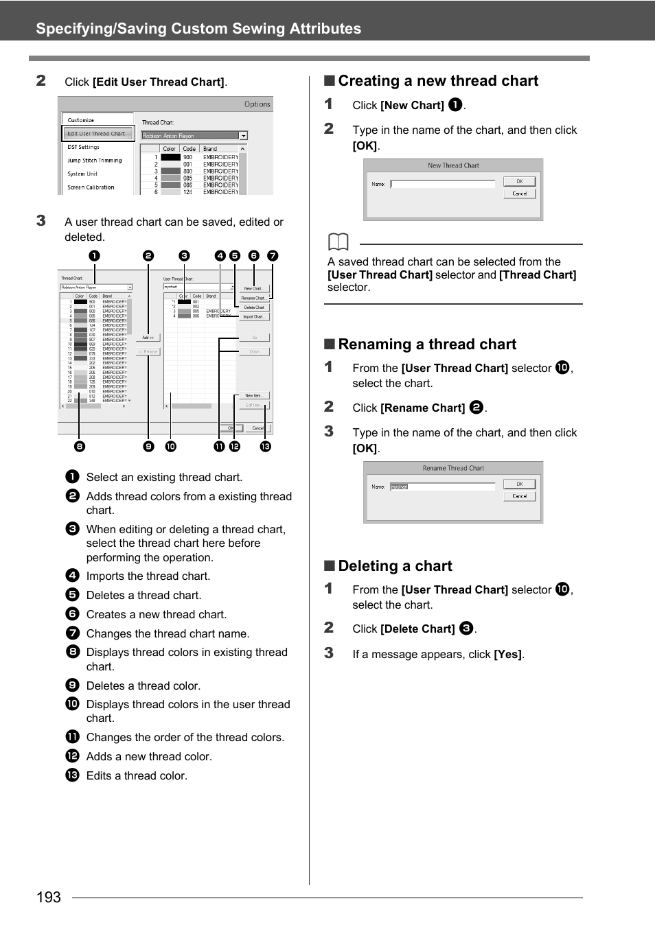 193 specifying/saving custom sewing attributes 2, Creating a new thread chart 1, Renaming a thread chart 1 | Deleting a chart 1 | Baby Lock Palette 10 (ECS10) Instruction Manual User Manual | Page 194 / 356
