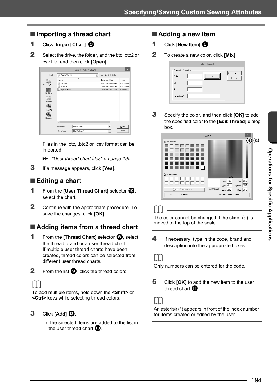 Editing a chart 1, Adding items from a thread chart 1, Adding a new item 1 | Baby Lock Palette 10 (ECS10) Instruction Manual User Manual | Page 195 / 356