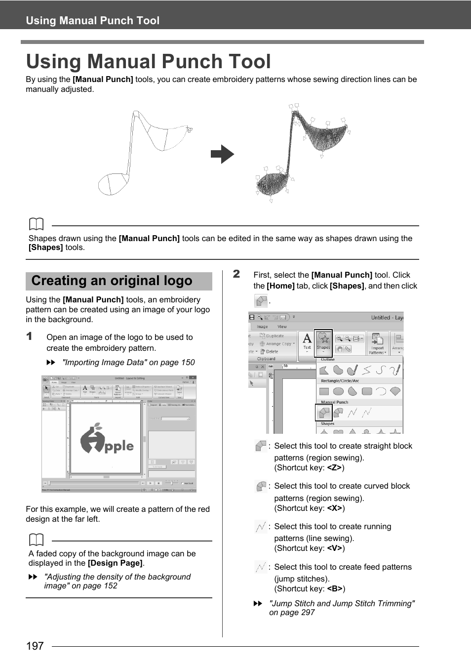 Using manual punch tool, Creating an original logo, 197 using manual punch tool | Baby Lock Palette 10 (ECS10) Instruction Manual User Manual | Page 198 / 356