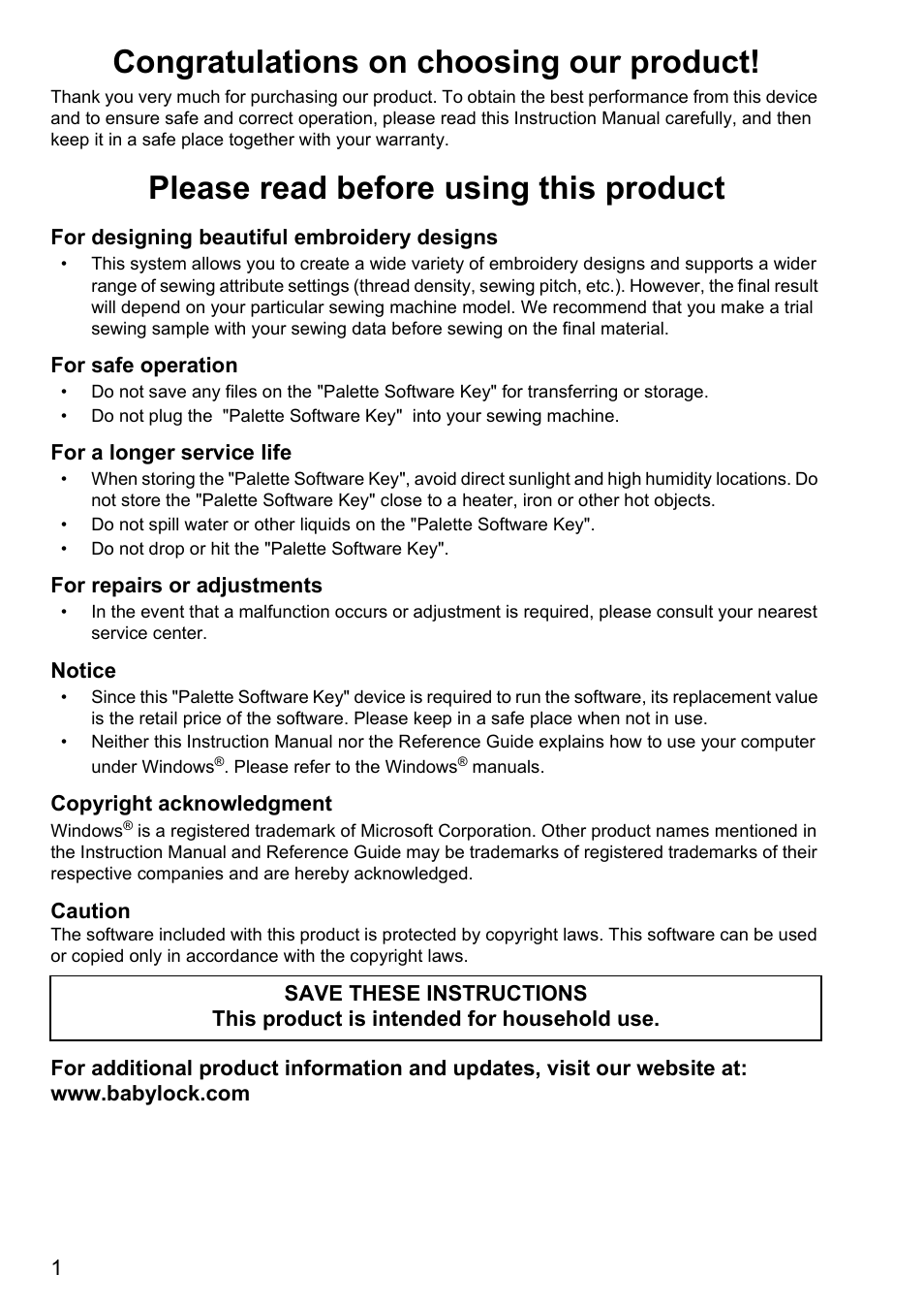 Please read before using this product | Baby Lock Palette 10 (ECS10) Instruction Manual User Manual | Page 2 / 356
