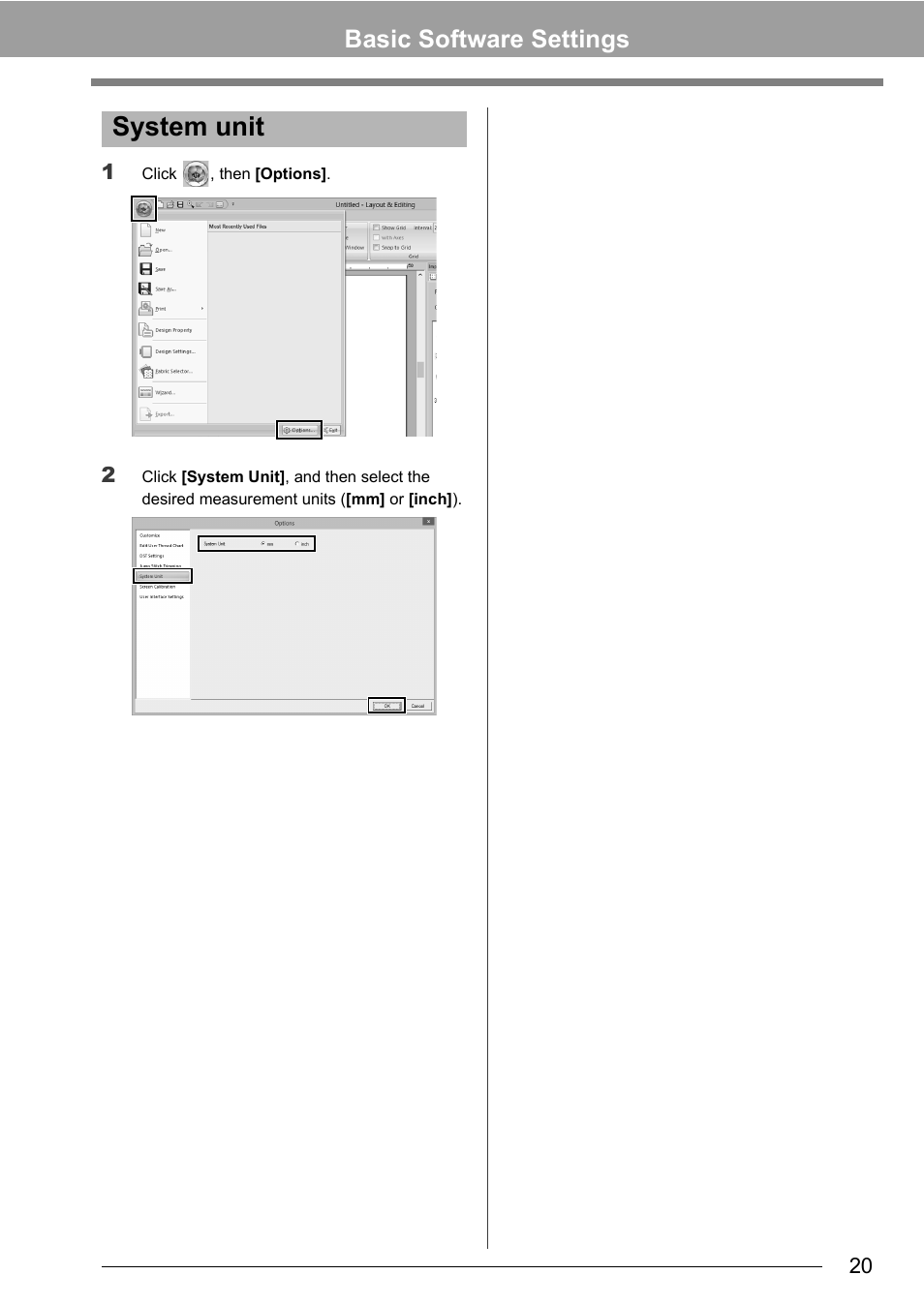 System unit, Basic software settings | Baby Lock Palette 10 (ECS10) Instruction Manual User Manual | Page 21 / 356