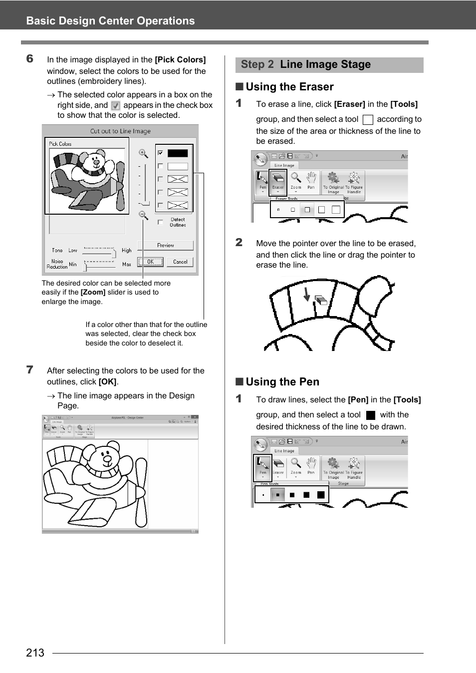 213 basic design center operations 6, Using the eraser 1, Using the pen 1 | Step 2 line image stage | Baby Lock Palette 10 (ECS10) Instruction Manual User Manual | Page 214 / 356