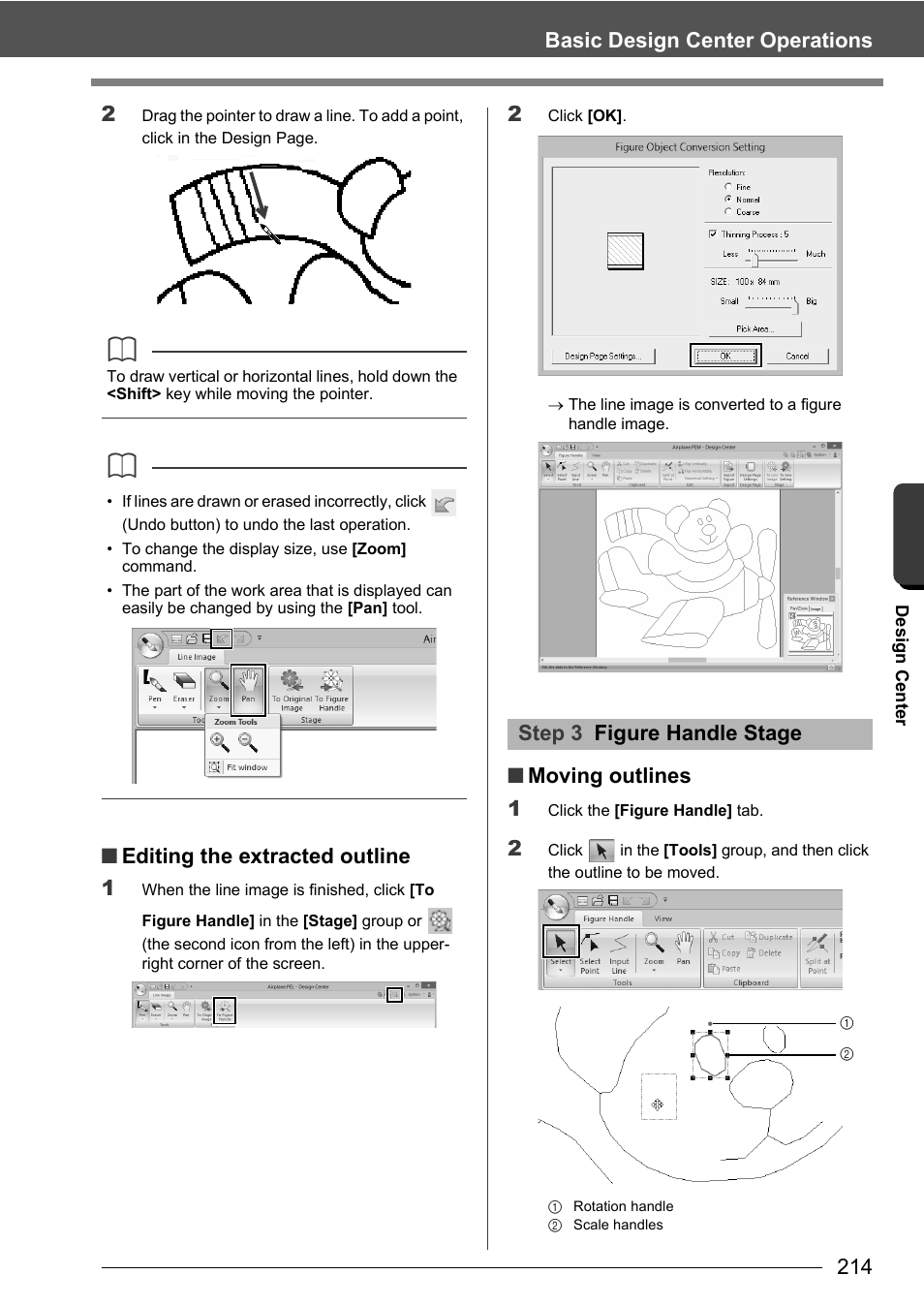 Basic design center operations 2, Editing the extracted outline 1, Moving outlines 1 | Step 3 figure handle stage | Baby Lock Palette 10 (ECS10) Instruction Manual User Manual | Page 215 / 356