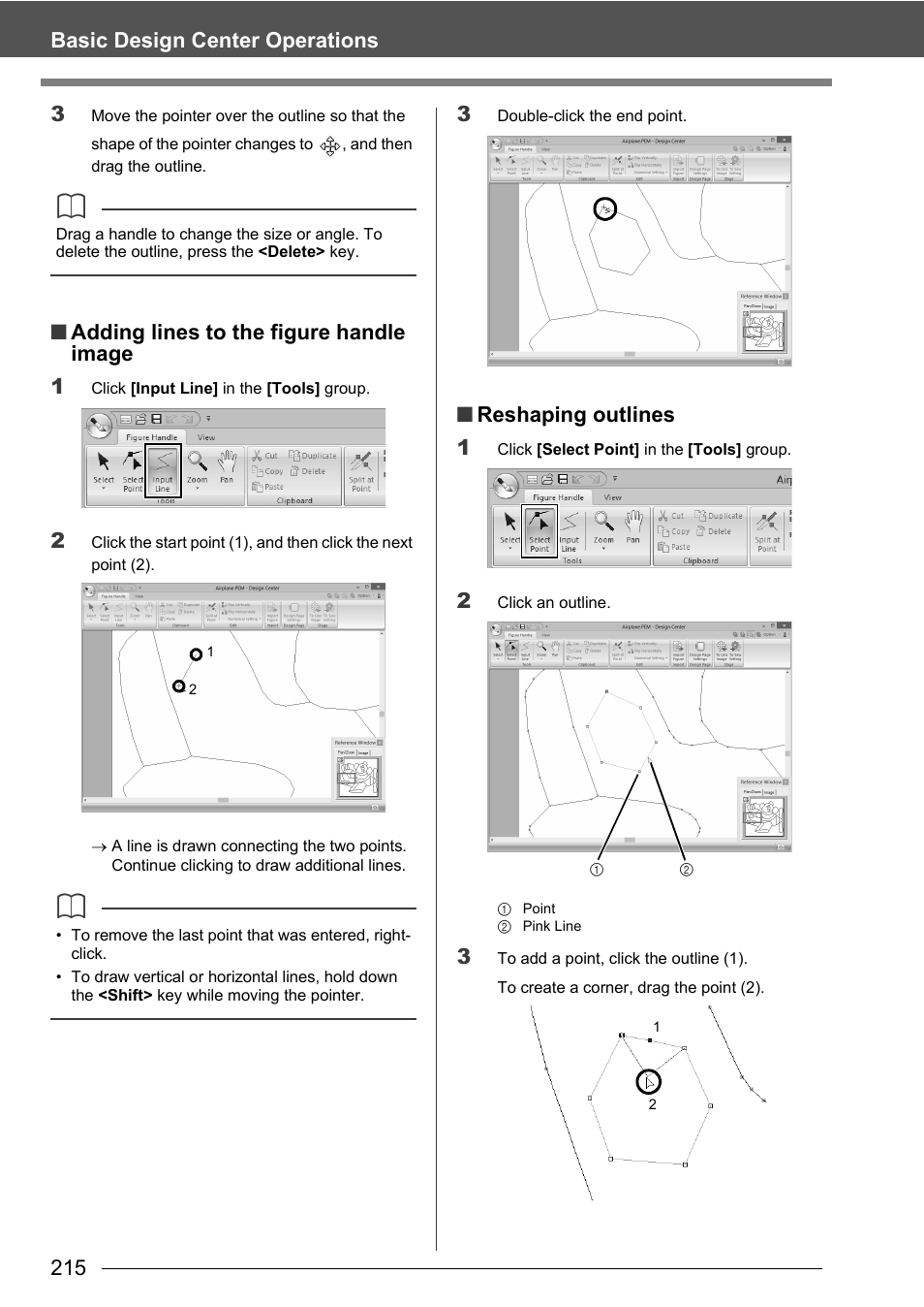 215 basic design center operations 3, Adding lines to the figure handle image 1, Reshaping outlines 1 | Baby Lock Palette 10 (ECS10) Instruction Manual User Manual | Page 216 / 356