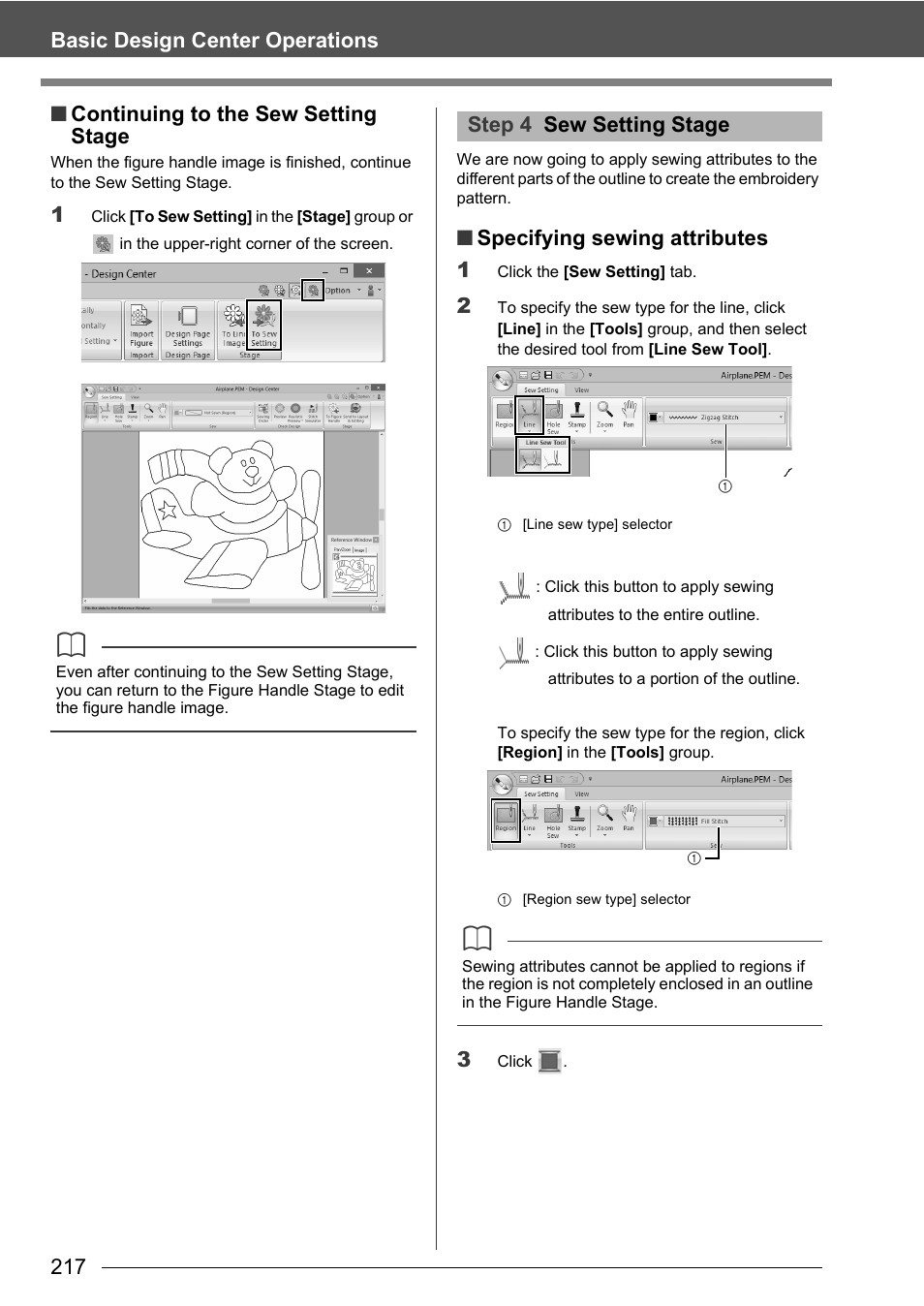 Specifying sewing attributes 1, Step 4 sew setting stage | Baby Lock Palette 10 (ECS10) Instruction Manual User Manual | Page 218 / 356