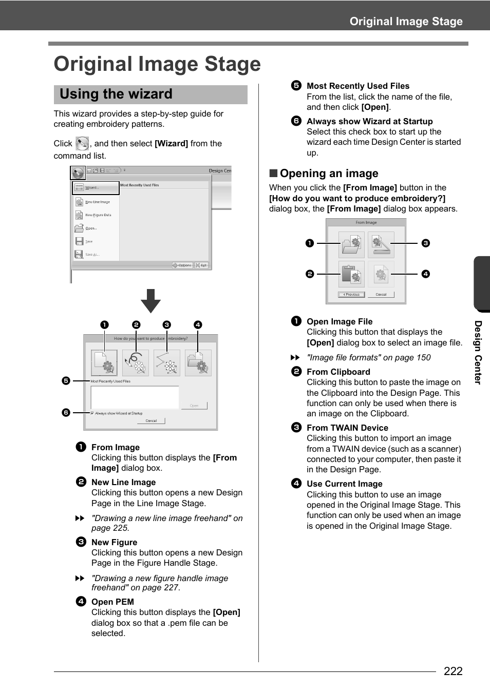 Using the wizard, Original image stage, Opening an image | De sign ce nte r | Baby Lock Palette 10 (ECS10) Instruction Manual User Manual | Page 223 / 356