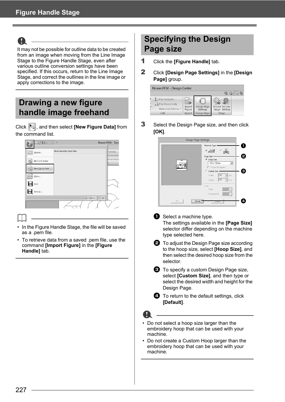 Drawing a new figure handle image freehand, Specifying the design page size, 227 figure handle stage | Baby Lock Palette 10 (ECS10) Instruction Manual User Manual | Page 228 / 356
