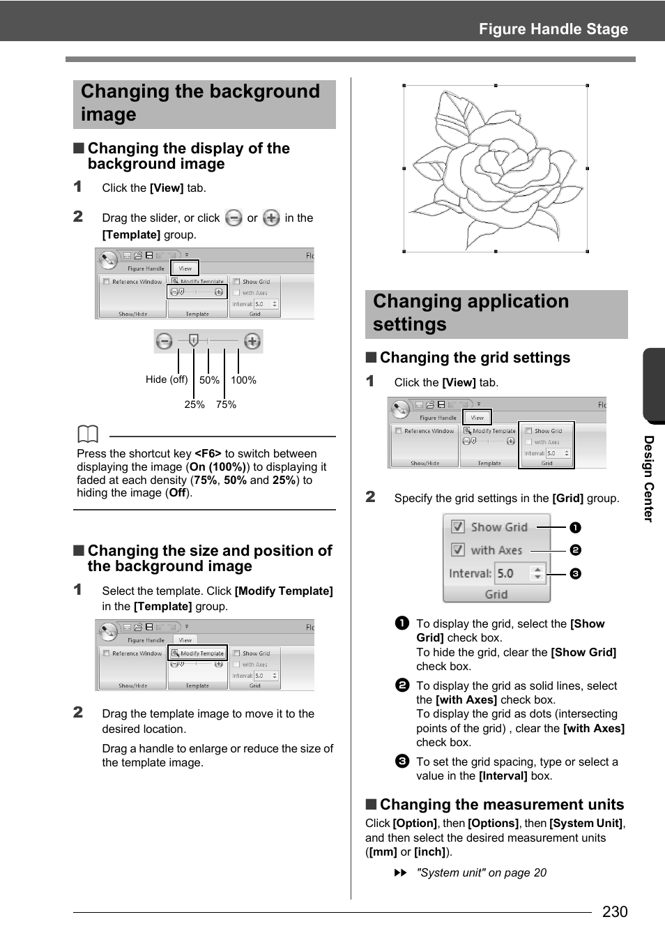 Changing the background image, Changing application settings, Changing the grid settings 1 | Changing the measurement units | Baby Lock Palette 10 (ECS10) Instruction Manual User Manual | Page 231 / 356
