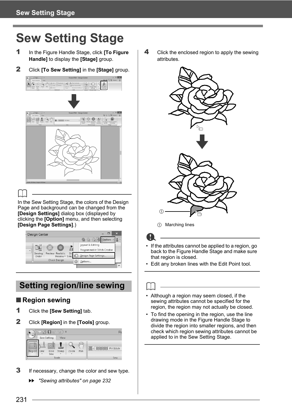 Sew setting stage, Setting region/line sewing | Baby Lock Palette 10 (ECS10) Instruction Manual User Manual | Page 232 / 356