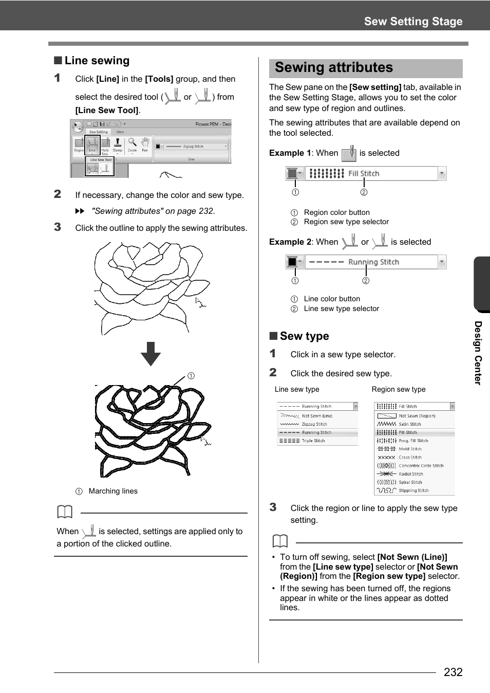 Sewing attributes, Sew setting stage ■ line sewing 1, Sew type 1 | Baby Lock Palette 10 (ECS10) Instruction Manual User Manual | Page 233 / 356