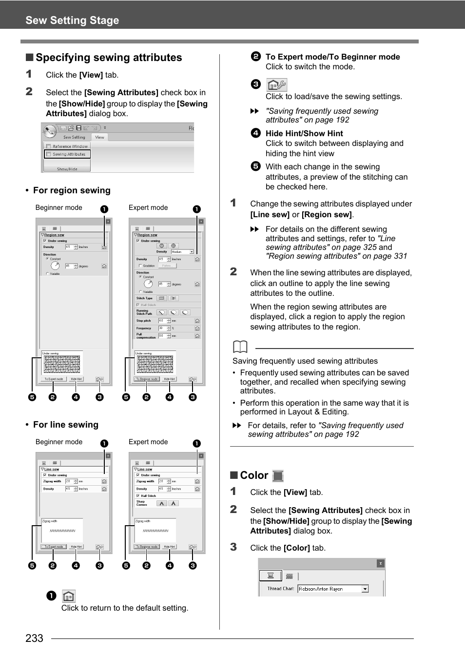 Color 1, For region sewing • for line sewing | Baby Lock Palette 10 (ECS10) Instruction Manual User Manual | Page 234 / 356
