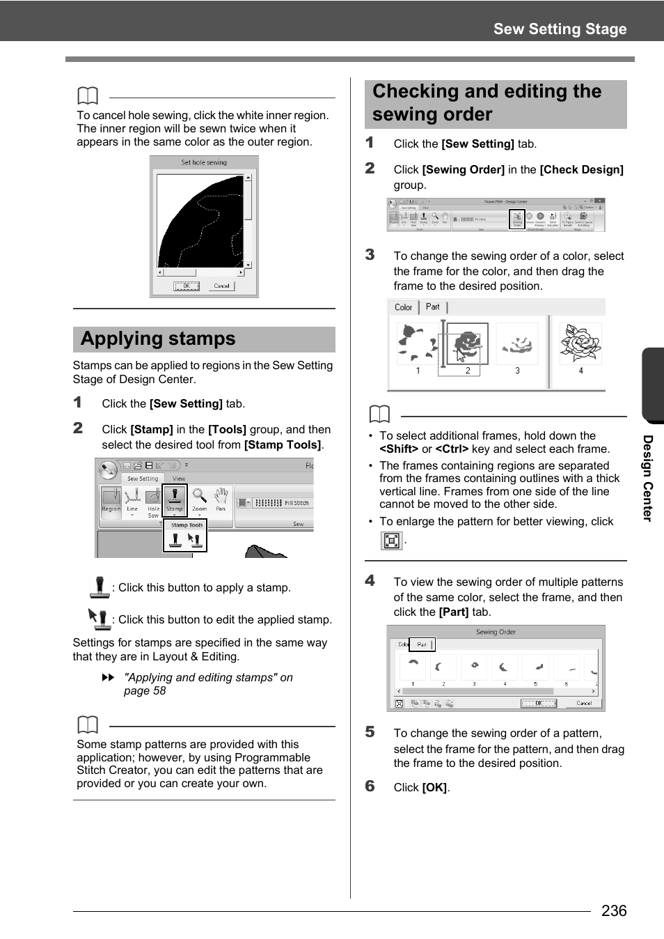 Applying stamps, Checking and editing the sewing order | Baby Lock Palette 10 (ECS10) Instruction Manual User Manual | Page 237 / 356