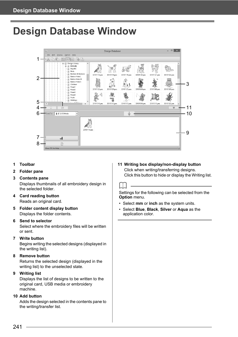 Design database window, 241 design database window | Baby Lock Palette 10 (ECS10) Instruction Manual User Manual | Page 242 / 356