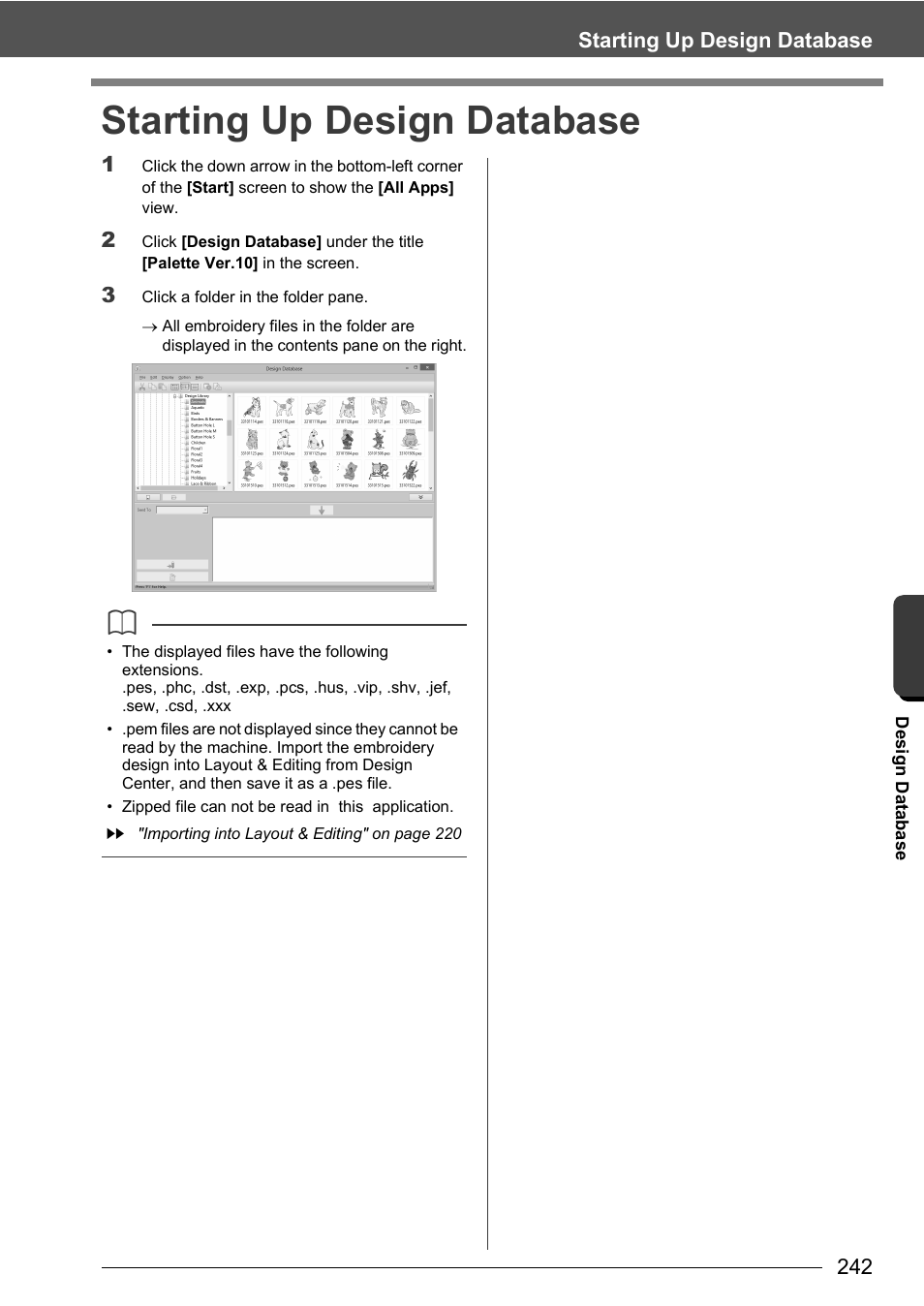 Starting up design database | Baby Lock Palette 10 (ECS10) Instruction Manual User Manual | Page 243 / 356