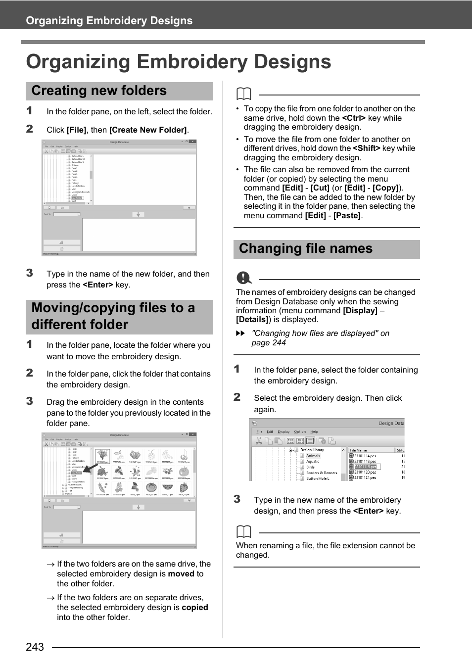 Organizing embroidery designs, Changing file names | Baby Lock Palette 10 (ECS10) Instruction Manual User Manual | Page 244 / 356