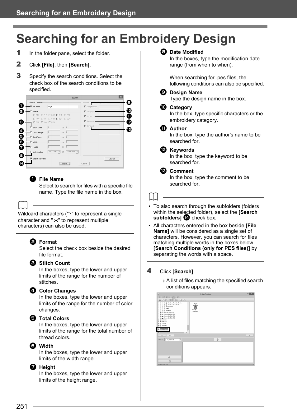 Searching for an embroidery design, 251 searching for an embroidery design | Baby Lock Palette 10 (ECS10) Instruction Manual User Manual | Page 252 / 356