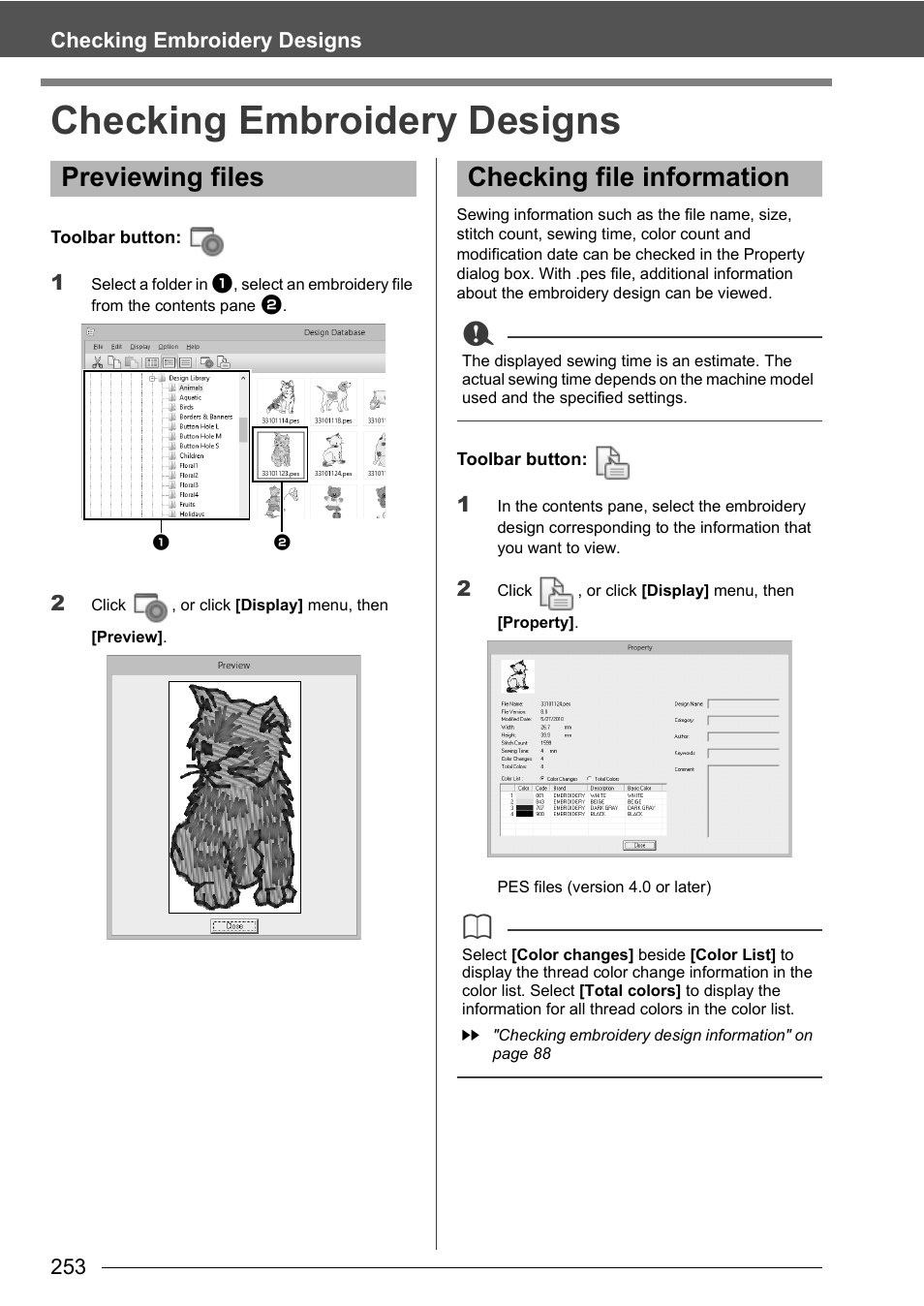 Checking embroidery designs, Previewing files, Checking file information | 253 checking embroidery designs | Baby Lock Palette 10 (ECS10) Instruction Manual User Manual | Page 254 / 356