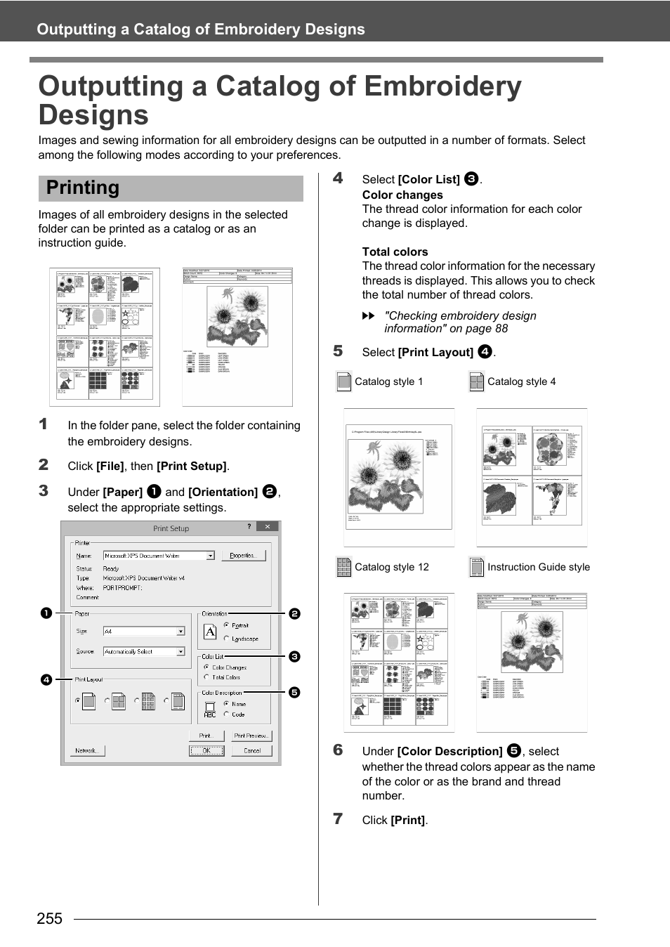 Outputting a catalog of embroidery designs, Printing, 255 outputting a catalog of embroidery designs | Baby Lock Palette 10 (ECS10) Instruction Manual User Manual | Page 256 / 356