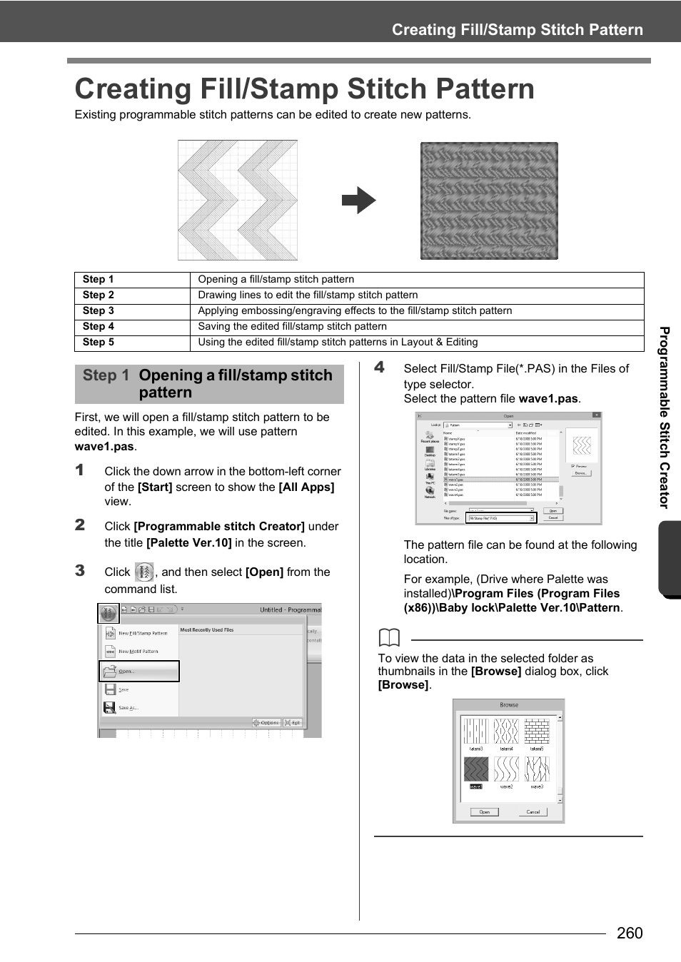 Creating fill/stamp stitch pattern, Step 1 opening a fill/stamp stitch pattern | Baby Lock Palette 10 (ECS10) Instruction Manual User Manual | Page 261 / 356