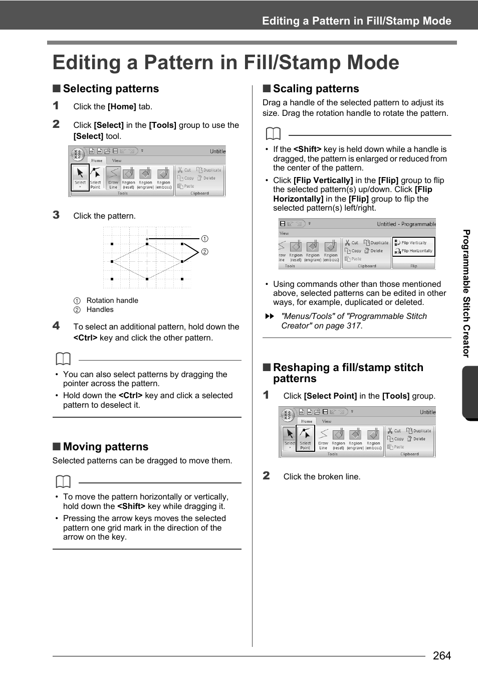Editing a pattern in fill/stamp mode, Selecting patterns 1, Moving patterns | Scaling patterns, Reshaping a fill/stamp stitch patterns 1 | Baby Lock Palette 10 (ECS10) Instruction Manual User Manual | Page 265 / 356