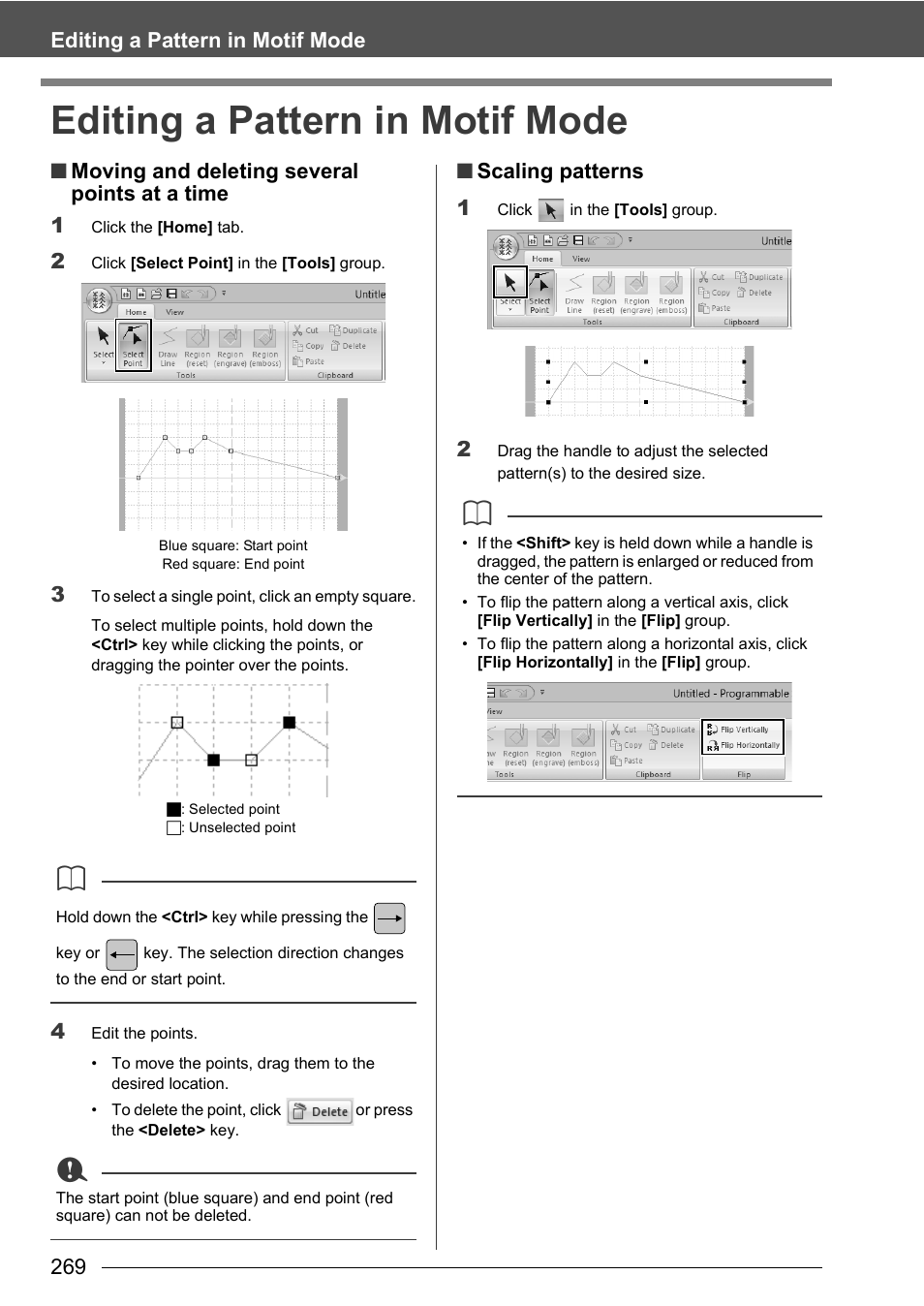 Editing a pattern in motif mode, 269 editing a pattern in motif mode, Moving and deleting several points at a time 1 | Scaling patterns 1 | Baby Lock Palette 10 (ECS10) Instruction Manual User Manual | Page 270 / 356
