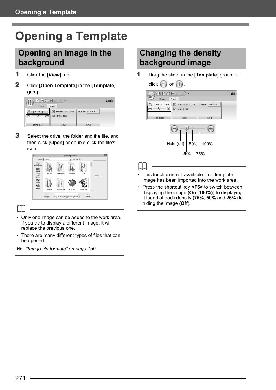 Opening a template, Opening an image in the background, Changing the density background image | Baby Lock Palette 10 (ECS10) Instruction Manual User Manual | Page 272 / 356
