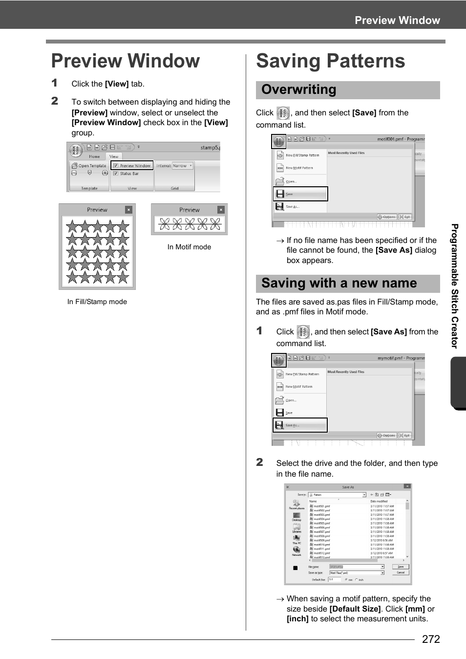 Preview window, Saving patterns, Overwriting saving with a new name | Baby Lock Palette 10 (ECS10) Instruction Manual User Manual | Page 273 / 356