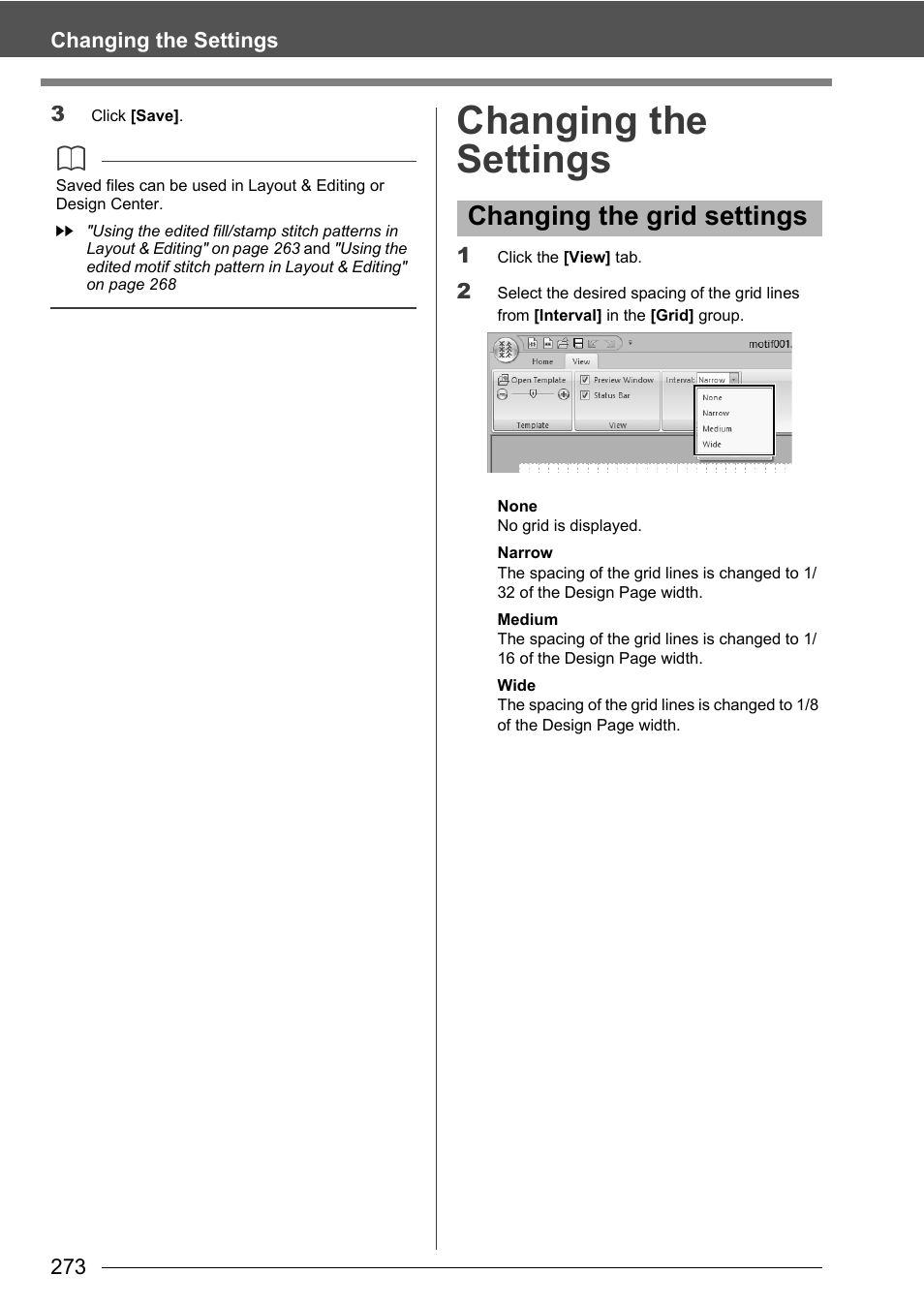 Changing the settings, Changing the grid settings | Baby Lock Palette 10 (ECS10) Instruction Manual User Manual | Page 274 / 356