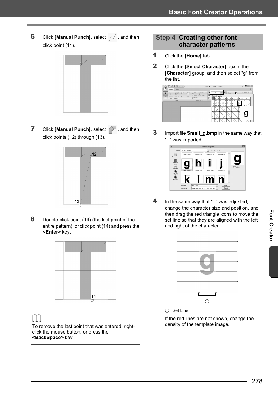 Basic font creator operations 6, Step 4 creating other font character patterns | Baby Lock Palette 10 (ECS10) Instruction Manual User Manual | Page 279 / 356
