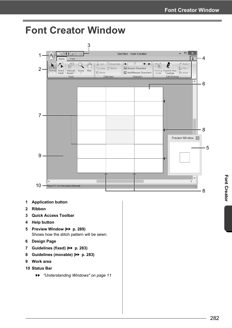 Font creator window | Baby Lock Palette 10 (ECS10) Instruction Manual User Manual | Page 283 / 356
