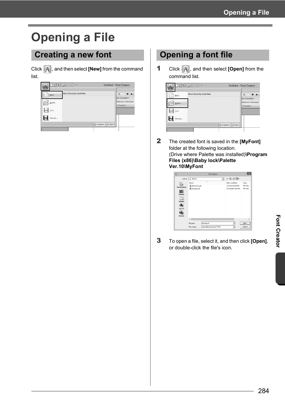 Opening a file, Creating a new font opening a font file | Baby Lock Palette 10 (ECS10) Instruction Manual User Manual | Page 285 / 356