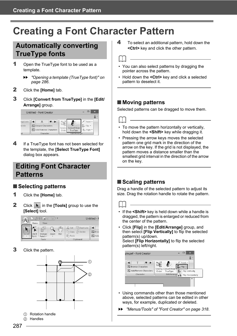 Creating a font character pattern, 287 creating a font character pattern, Selecting patterns 1 | Moving patterns, Scaling patterns | Baby Lock Palette 10 (ECS10) Instruction Manual User Manual | Page 288 / 356