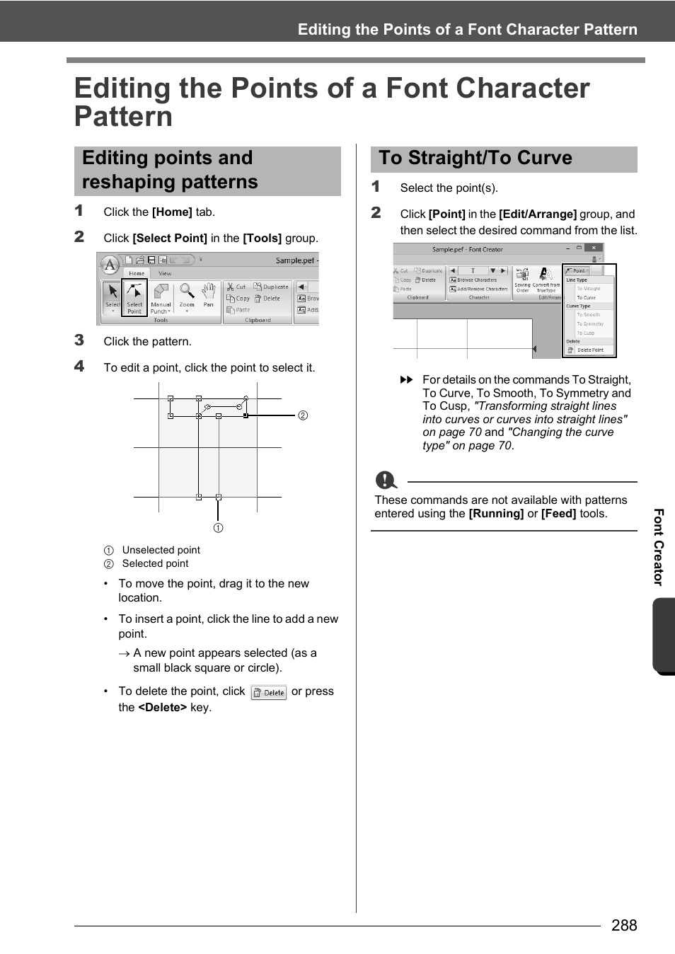 Editing the points of a font character pattern, Editing points and reshaping patterns | Baby Lock Palette 10 (ECS10) Instruction Manual User Manual | Page 289 / 356