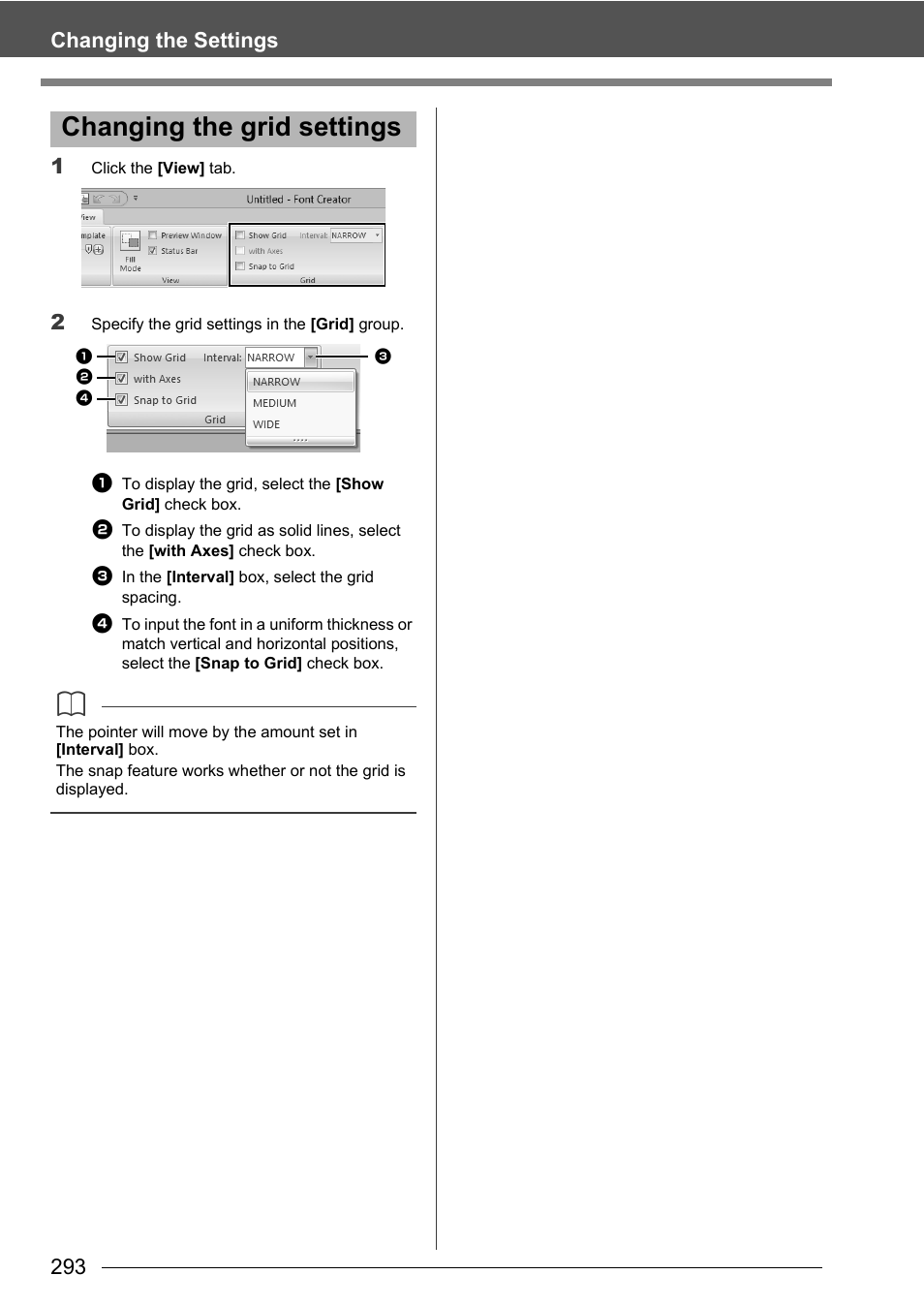 Changing the grid settings, 293 changing the settings 1 | Baby Lock Palette 10 (ECS10) Instruction Manual User Manual | Page 294 / 356