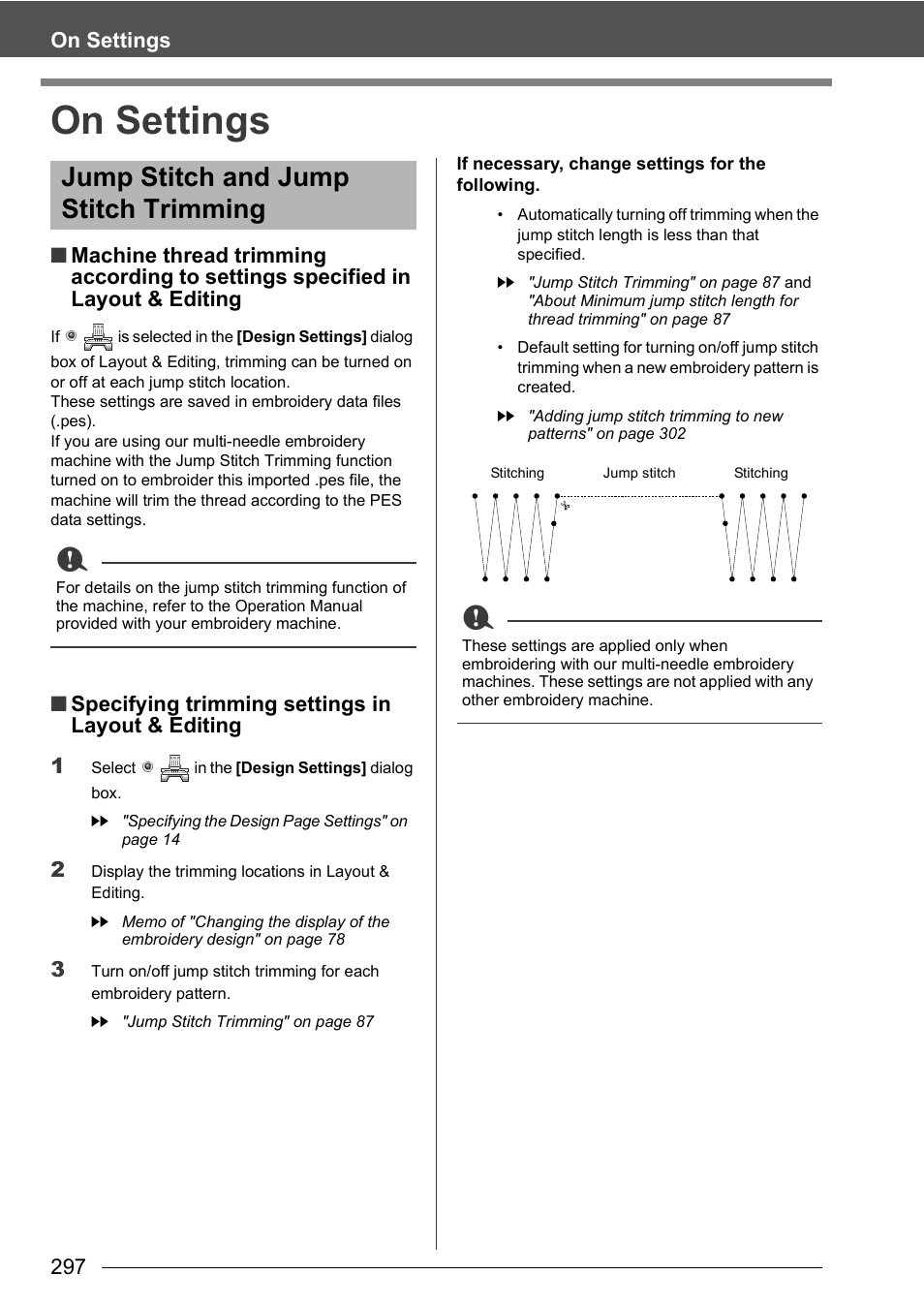On settings, Jump stitch and jump stitch trimming, 297 on settings | Specifying trimming settings in layout & editing 1 | Baby Lock Palette 10 (ECS10) Instruction Manual User Manual | Page 298 / 356